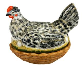 13x10.5" Vintage Staffordshire Pottery Black & White Hen on Nest Basket