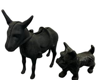 Vintage Cast Iron Donkey Coin Bank + Scottie Dog Figure