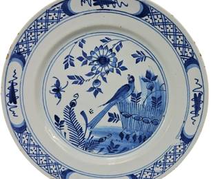 8.75" Antique Delft Blue White Hand Painted Tin Glazed Charger Plate Bird Blue Onion Style Flower