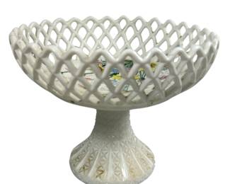 Challinor Taylor C1890 Pedestal Lattice Open Lace Edged Fruit Bowl Pink Blue Daisies Wheat Cat Tails