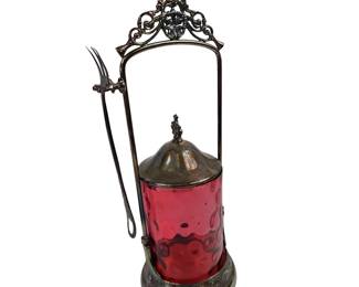 Antique Victorian Pickle Castor Cranberry Glass Thumbprint Insert Fork Ornate 
