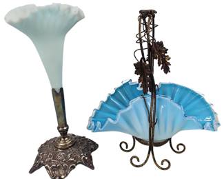 Antique Ruffled Blue White Pairpoint Glass Brides Basket Wire Handle Bon Bon & Art Nouveau Centerpie