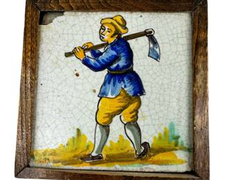 18th Century Delft Tile Polychrome Crazing Framed Field Worker Catalan