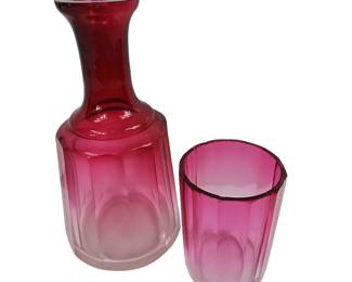 12 Panel Cut Cranberry to Clear Bedside Water Carafe Bottle Tumbler Lid
