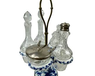 Vintage Blue Onion Meissen? Unmarked Cruet Castor Set Porcelain Blue White Crystal Decanters
