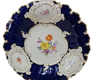 12" Round Antique Meissen Cobalt Blue Ornate Bowl Gaudy Welsh Floral Transfer