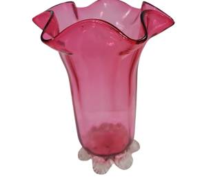7.5" Cranberry Glass Bowl Vase Pinched Ruffled Shell Feet