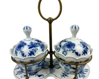 Double Sugar Bowl & Carrier Jelly Honey Cruet Vintage Oval Stamp Meissen Blue Onion
