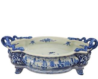 17x8" Large Delft Blue & White Pottery Handpainted Dutch Jardiniere Footed Handles Boch "B" Mark?