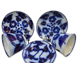 2 Cups 3 Saucers Lot Flow Blue Gaudy Welsh Morning Glory Copper Lusterware