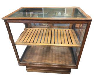 40x36" Merchants Display Cabinet Glass Hardwood Wood Slatted Shelf Sliding Glass Doors Dark Academia