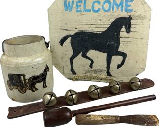 Rustic Horse Decor Welcome Sign Bells Crock 
