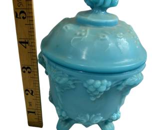 Portieux Vallerysthal PV France Label Blue Milk Glass Grape Candy Dish 19th Century 4 Footed