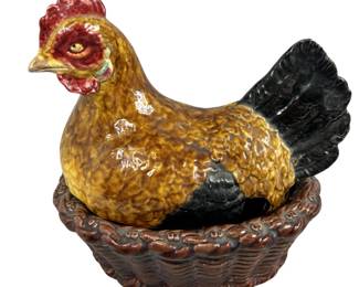 8" Vintage Bordello Pinheiro Majolica Pottery White Hen on Nest Basket