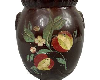 Antique Vintage Stoneware Brown Glazed Cookie Jar Cold Painted Apples