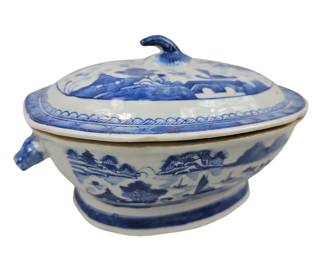 Antique Blue & White Chinese Canton Tureen 18-19th Century Lidded Salt Glaze