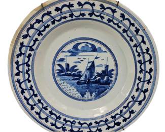 Antique Delft Blue White Hand Painted Plate Bowl Tin Glaze Ships c1780
