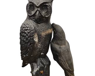 Vintage 22" Plastic Blow Mold Owl Fence Topper & Pressed Paper Mache Papier Black Raven Crow