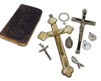 Catholic Christian LOT 1917 Prayer Book Wall Crucifixes Brass Germany Sterling Medals