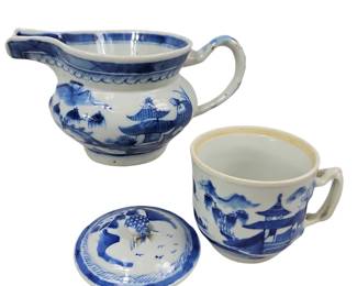 Lidded Sugar Bowl-Tea Cup Milk Pitcher Antique Blue & White Chinese Canton 18-19th Century Salt Glaze