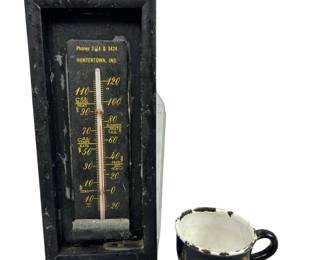 Vintage Antique Wall Thermometer Huntertown Indiana Cast Iron Porcelain Childs Cup & More
