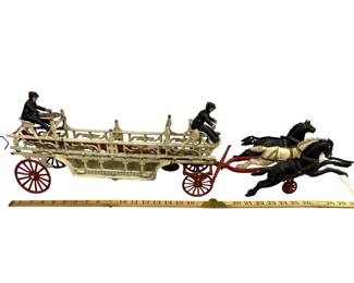 32" Vintage Reproduction Cast Iron Fire Hook & Ladder Truck 3 Horse Drawn 2 Drivers Bell