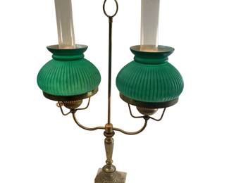 Vintage Table Lamp Oil Electric Twin Light Shade Brass Marble Base