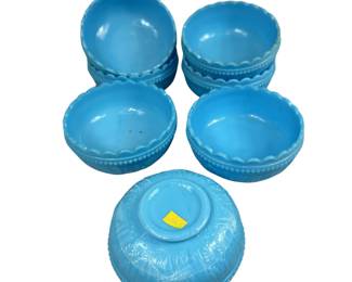 Set of 6 + 1 Blue Opaline Child Size Bowls Stork in Rushes LG Wright Fenton