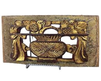 4x9" Wooden Temple Carving Urn Flowers Gold Gilt Ching Dynasty c1860-80 
