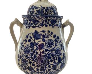 Blue Onion Lidded 2 Handle Urn Marked Arrow on Bottom