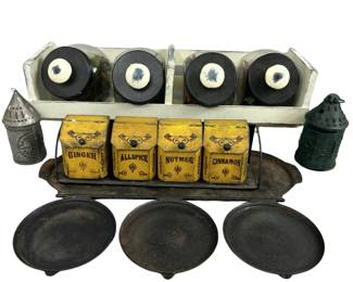 Rustic Decor Spice Flip Top Tin Antique Cast Iron Stove Plate & Glass Canisters in WOoden Rack 