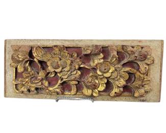 5x13" Wooden Temple Carving Flowers Gold Gilt Ching Dynasty c1860-80 
