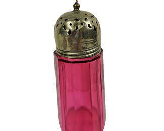 Antique Cranberry Glass 10 Panel Cut EPNS Silver Lid Sugar Shaker