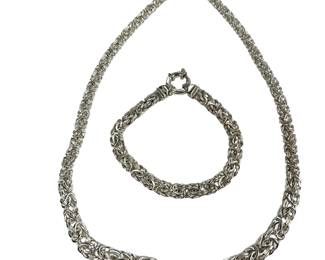 Sterling Silver Byzantine Chain Link Necklace & Bracelet ITALY 925 42 Grams