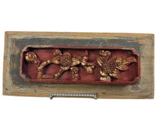 4.5x10" Wooden Temple Carving Flowers Quatrefoil Gold Gilt Ching Dynasty c1860-80