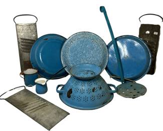 Enamelware Graniteware Blue Pans Strainer Beer Foam Scoop & More