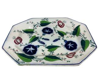 15.5" Platter 8 Sided Pink Flower Soft Paste Plate Flow Blue Morning Glory Pattern c1850