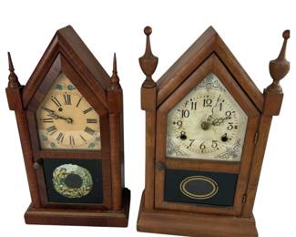 2 Waterbury Clocks Gothic Mantel 1 Winds 1 Mechanism replaced with Battery 
