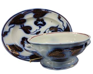 Large 16" Platter + Soup Tureen Flow Blue Gaudy Welsh Morning Glory Copper Lusterware