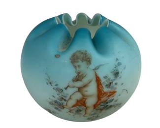 Satin Glass Rose Bowl Vase Ruffle Folded Hand Blown Pontil Cherub Transfer Blue