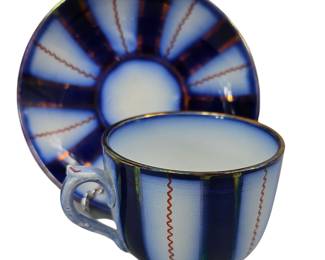 Antique Flow Blue Pottery Wagon Wheel Gaudy Welsh Copper Lusterware Cup & Saucer