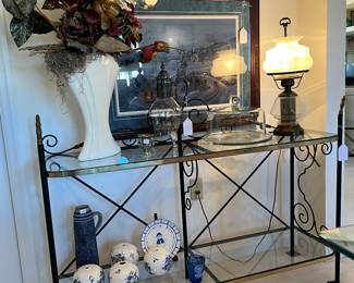 GLASS AND IRON CONSOLE TABLE