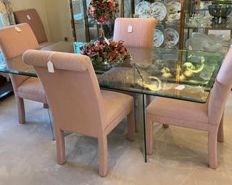 MODERN GLASS DINING TABLE WITH UPHOLSTERED PARSONS CHAIRS