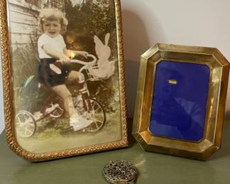 Vintage Convex Glass Frame, Brass Frame and Cupid Mini Mirror