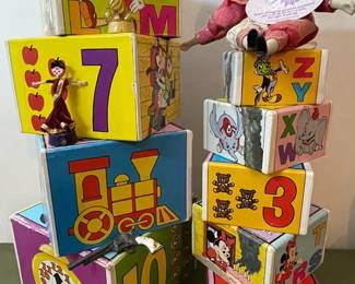 Vintage Disney Cardboard Blocks, Queen Of Hearts Harlequin Doll And Small Toys