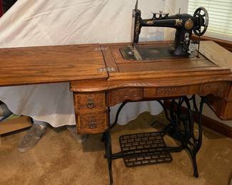Beautiful Antique Foot Pedal Sewing Machine And Cabinet