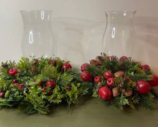 Two Christmas Hurricane Lamps With Apple Nut Wreath Bases