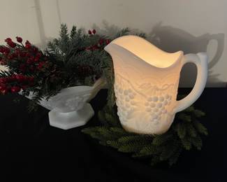 Anchor Hocking Milk Glass Grapevine Design Pitcher And Bowl. 