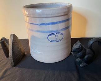 Marshall Pottery Co. 2 Gallon Crock And Cast Iron Decorations 