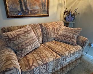Unique chenille style custom sofa and loveseat in neutral tones, 